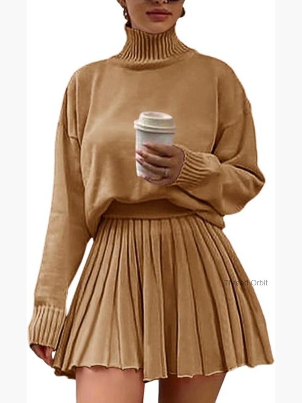 Oversized Turtleneck Sweater and Pleated Mini Skirt Two Piece Set Size M